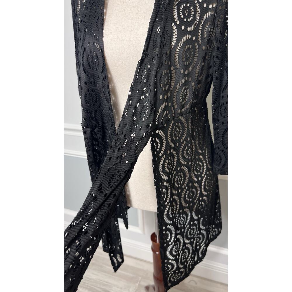 CATALINA (XL) Black Open Lace Swimsuit Beach-Pool-Cover Up-Tie-Knit Kimono-Sheer - Picture 6 of 16